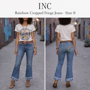 INC International Concepts Rainbow 🌈 Cropped Fringe Jeans Sz 8 Y2K Boho